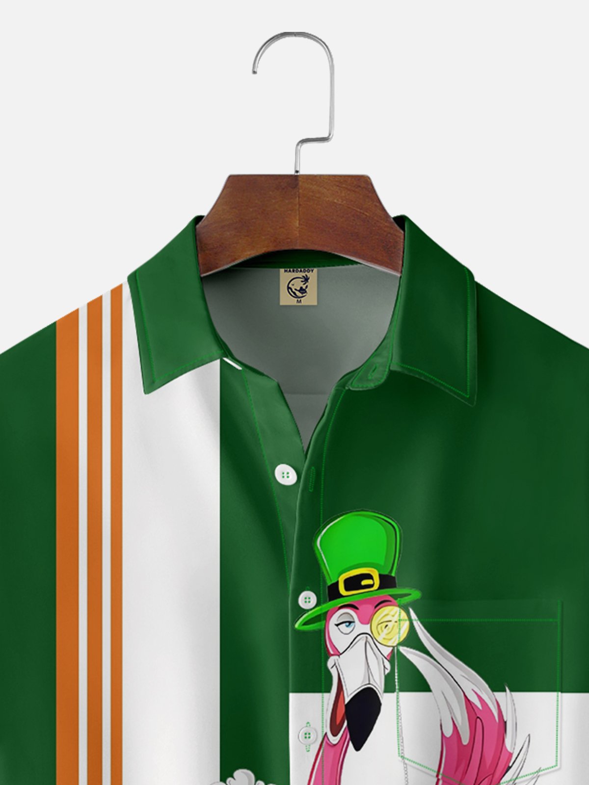 Moisture-wicking St. Patrick's Day Flamingo Beer Chest Pocket Bowling Shirt