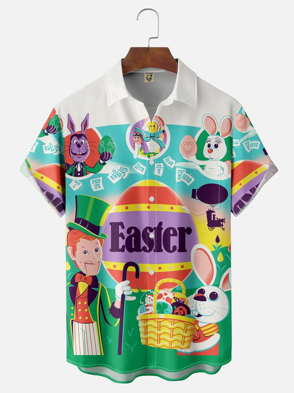 Moisture-wicking Easter Rabbit Egg Cartoon Chest Pocket Casual Shirt