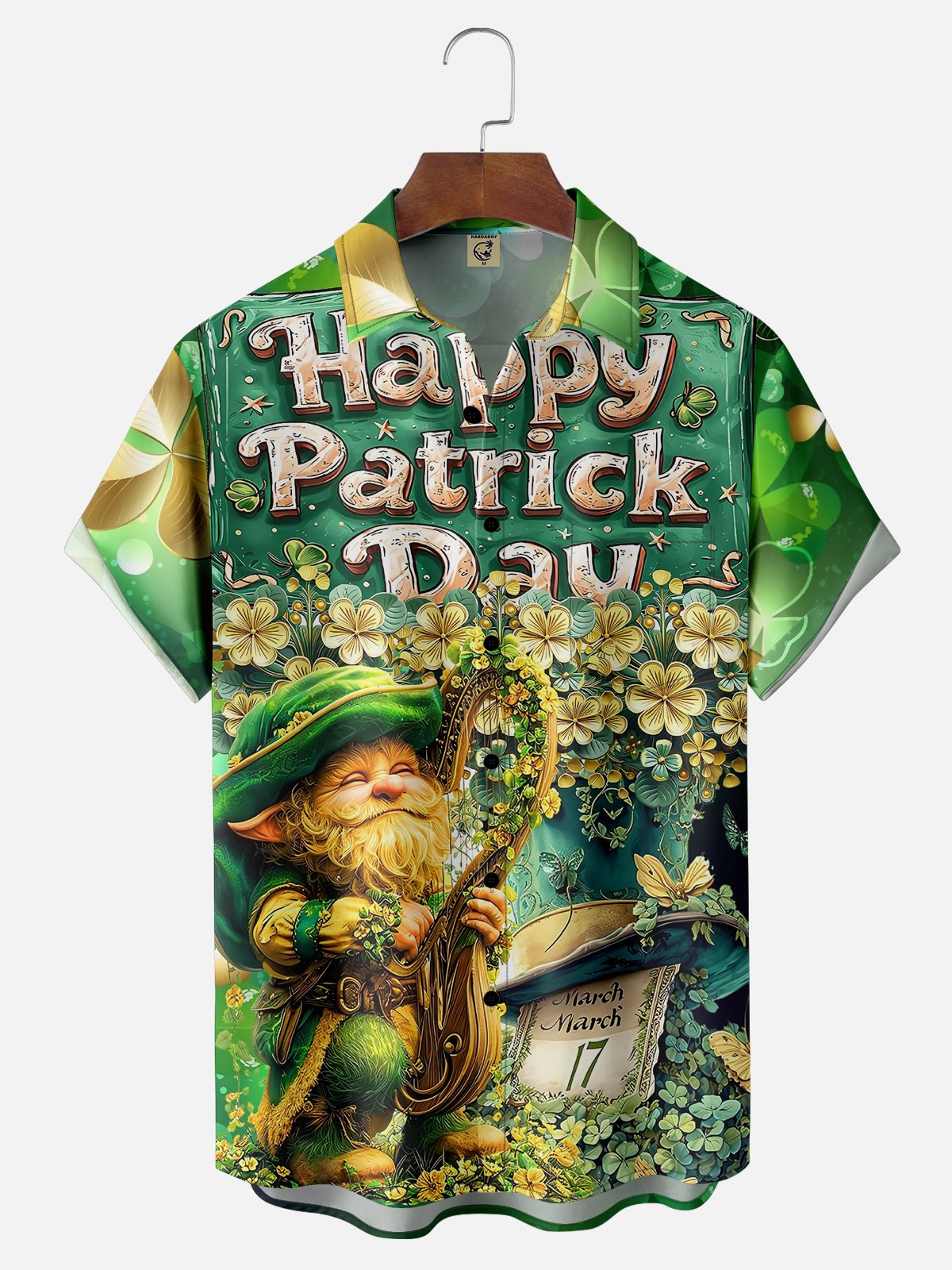 Moisture-wicking St. Patrick's Day Four Leaf Gnome Chest Pocket Hawaiian Shirt