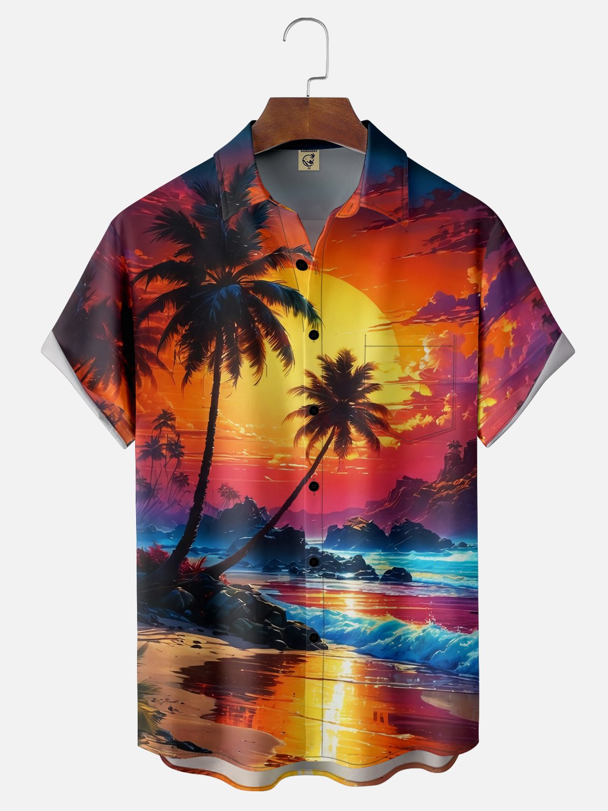 Moisture-wicking Beach Coconut Trees Sunset Chest Pocket Hawaiian Shirt