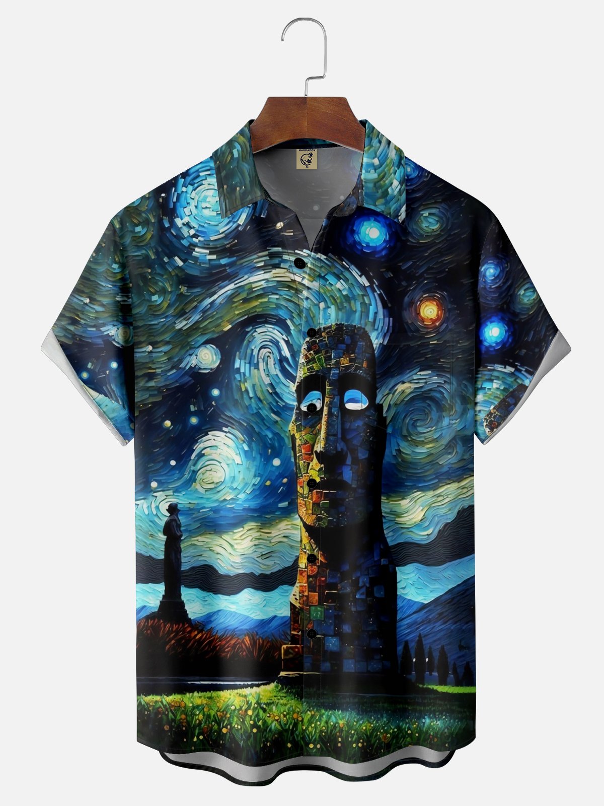 Moisture-wicking Easter Island Moai Painting Chest Pocket Casual Shirt