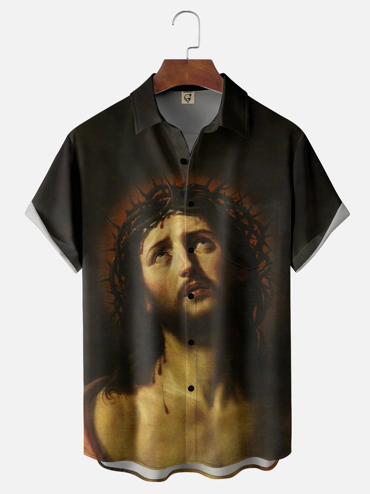 Moisture-wicking Portrait of Jesus with Crown of Thorns Easter Good Friday Chest Pocket Casual Shirt