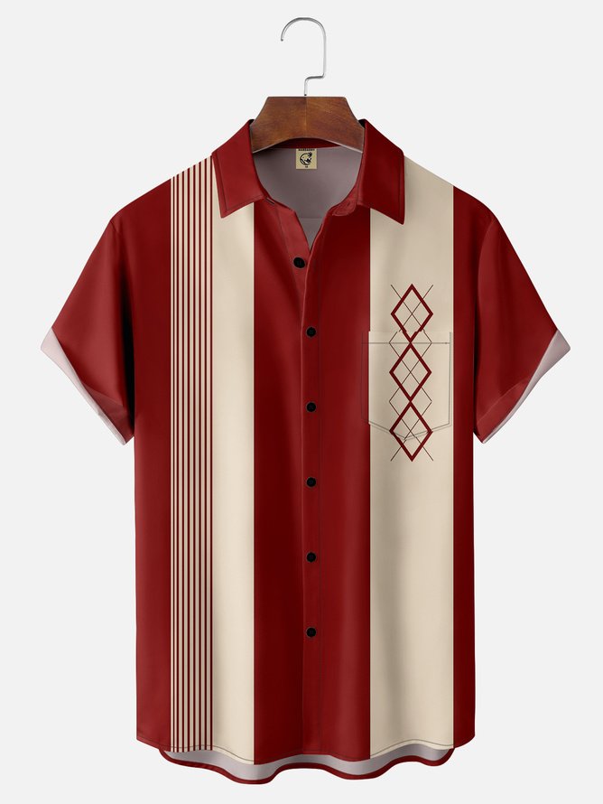 Tall Size Moisture-wicking Geometric Chest Pocket Bowling Shirt