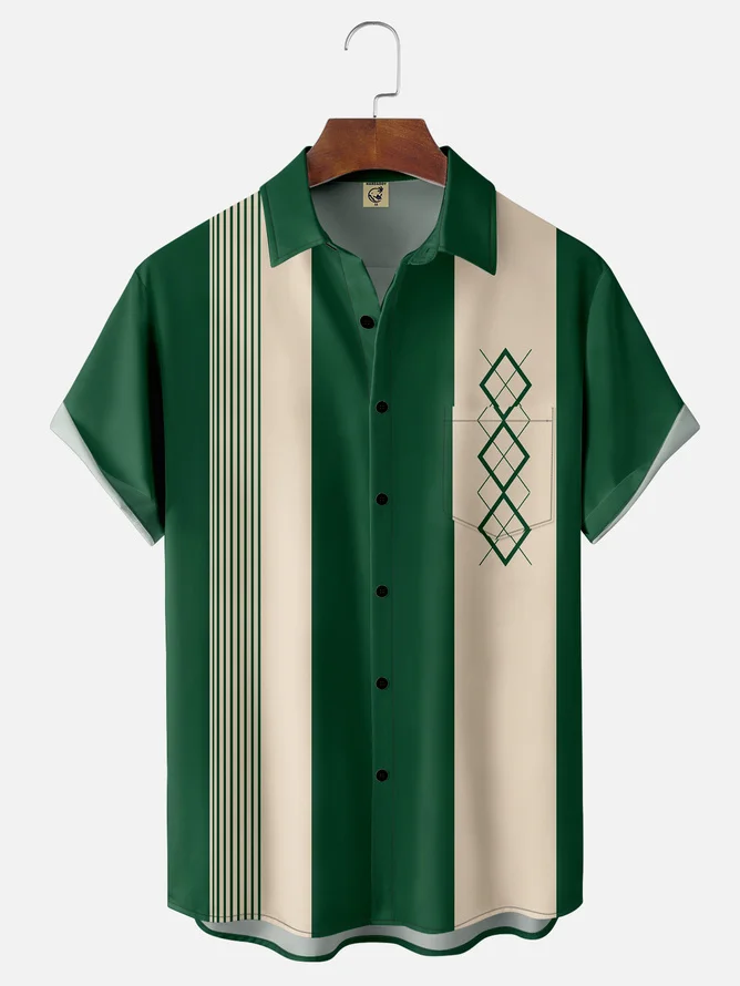 Tall Size Moisture-wicking Geometric Chest Pocket Bowling Shirt