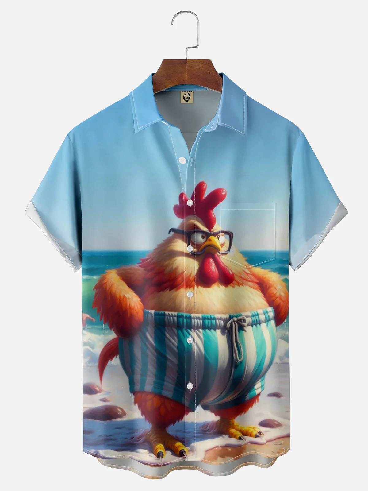 Moisture Wicking Hawaiian Beach Chicken Chest Pocket Casual Shirt