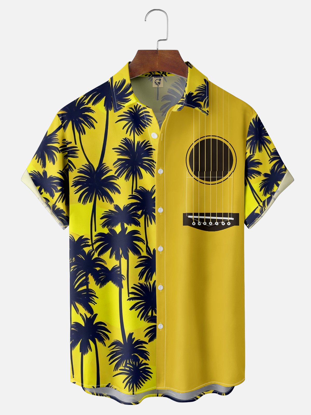 Moisture Wicking Hawaiian Tropic Coconut Tree Guitar Chest Pocket Casual Shirt