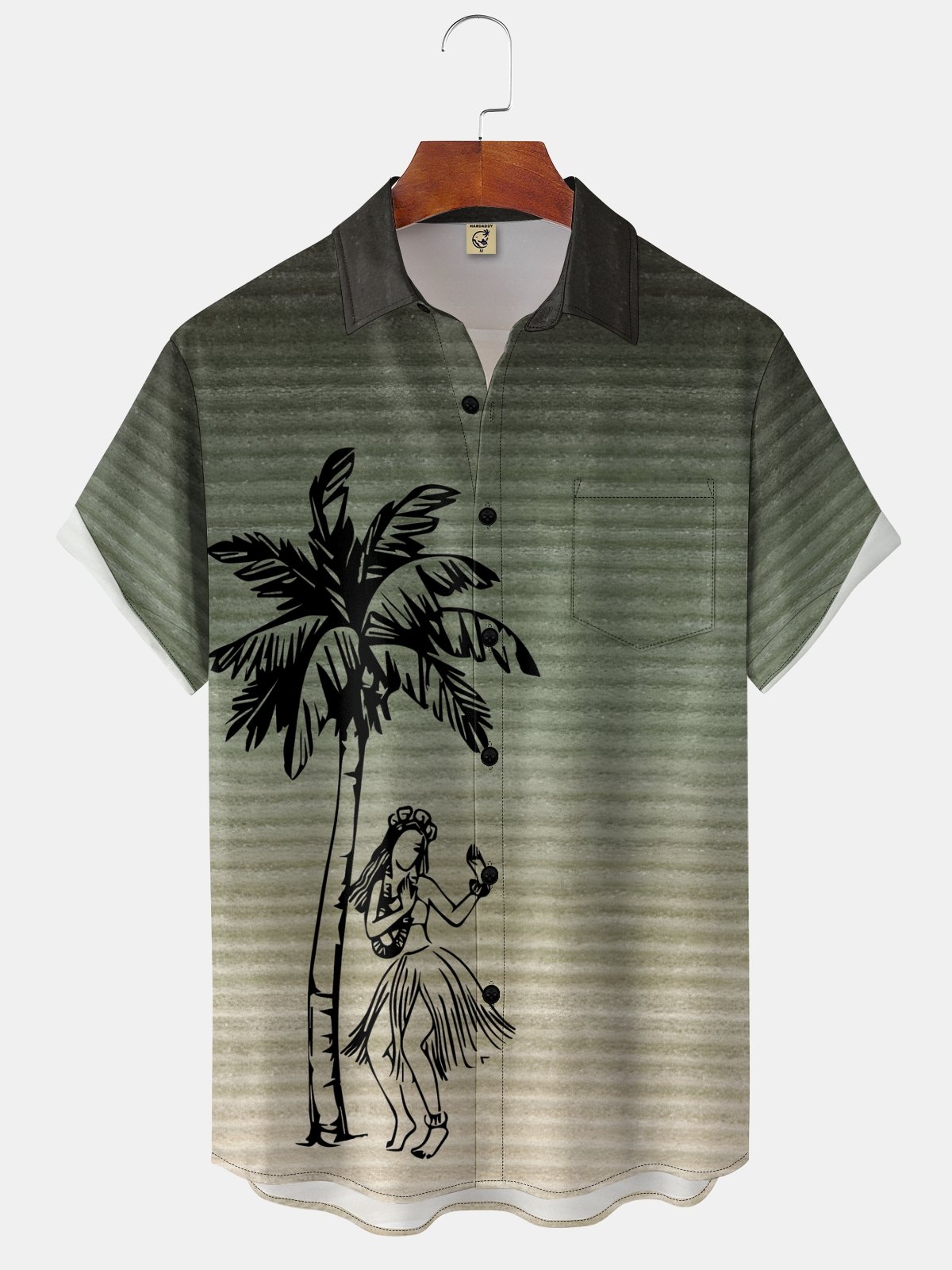 Moisture-wicking Striped Island Coconut Tree Chest Pocket Hawaiian Shirt