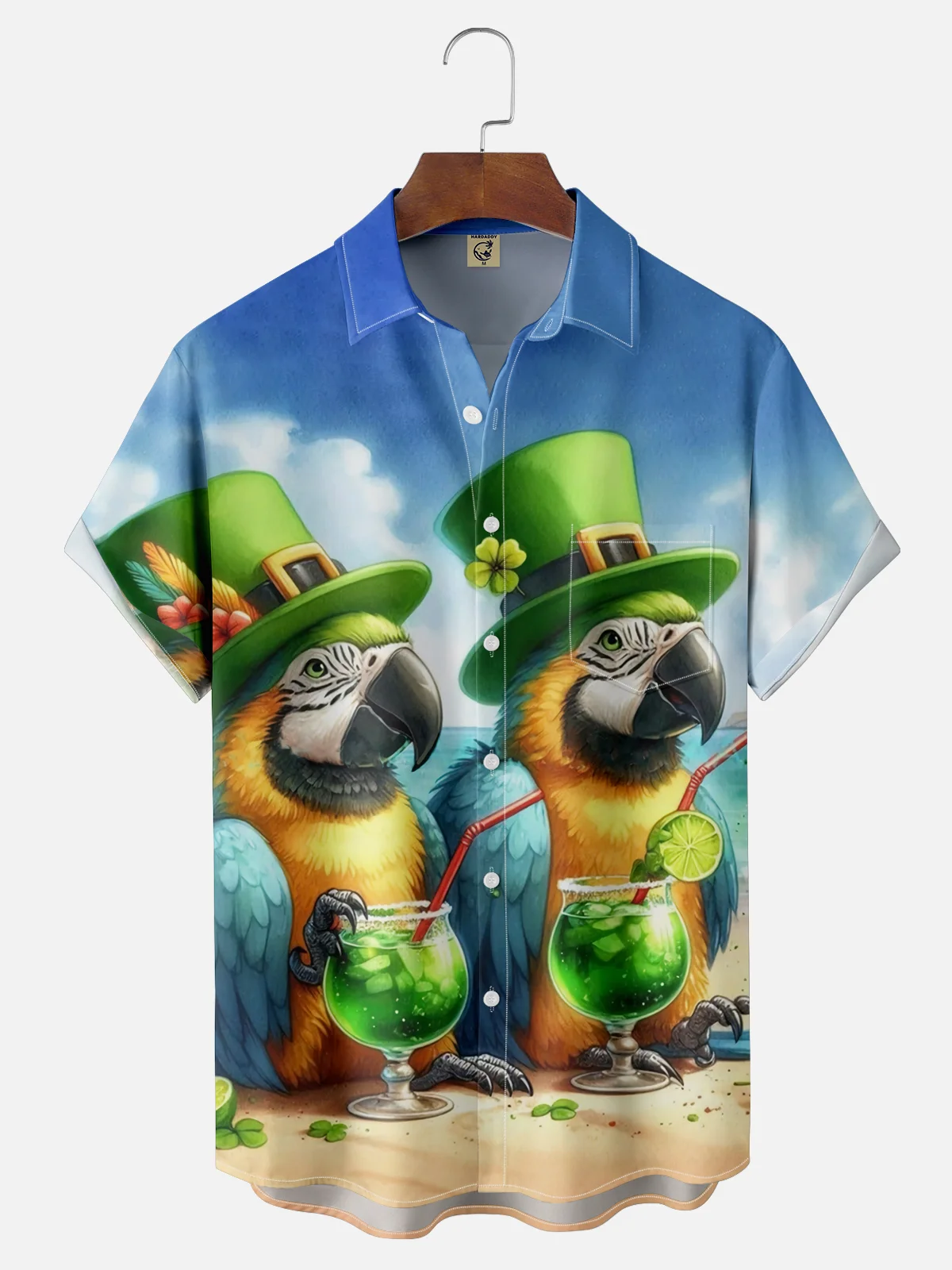 Moisture Wicking St. Patrick's Day Hawaiian Parrot Chest Pocket Casual Shirt