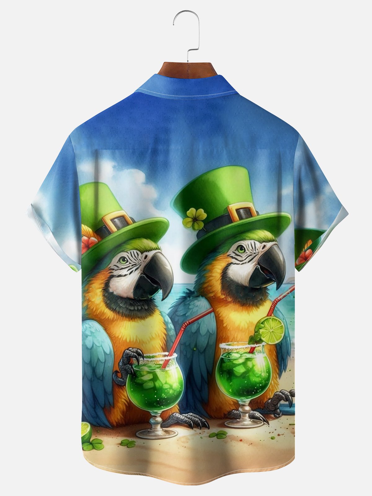 Moisture Wicking St. Patrick's Day Hawaiian Parrot Chest Pocket Casual Shirt