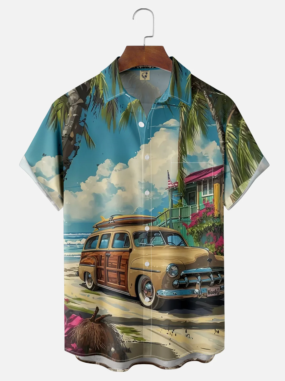 Moisture Wicking Hawaiian Vintage Car Chest Pocket Casual Shirt