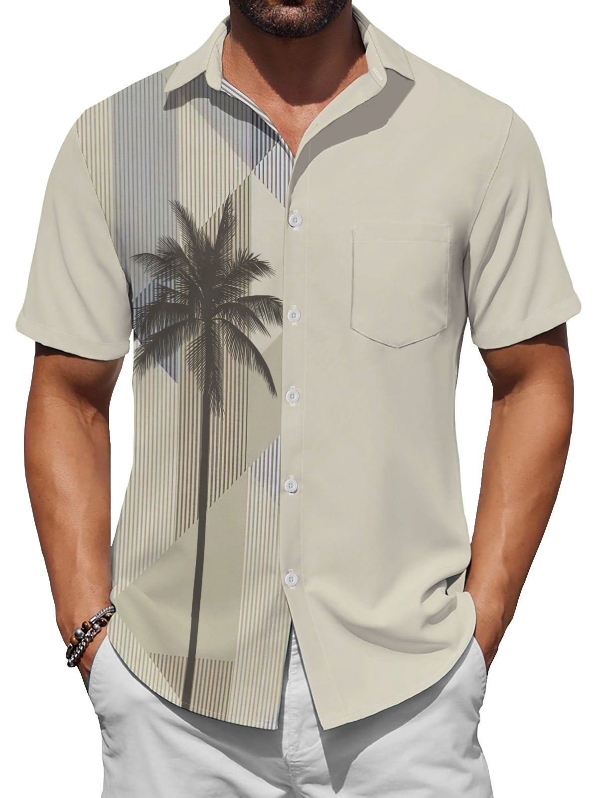 Moisture-wicking Art Island Coconut Tree Chest Pocket Hawaiian Shirt