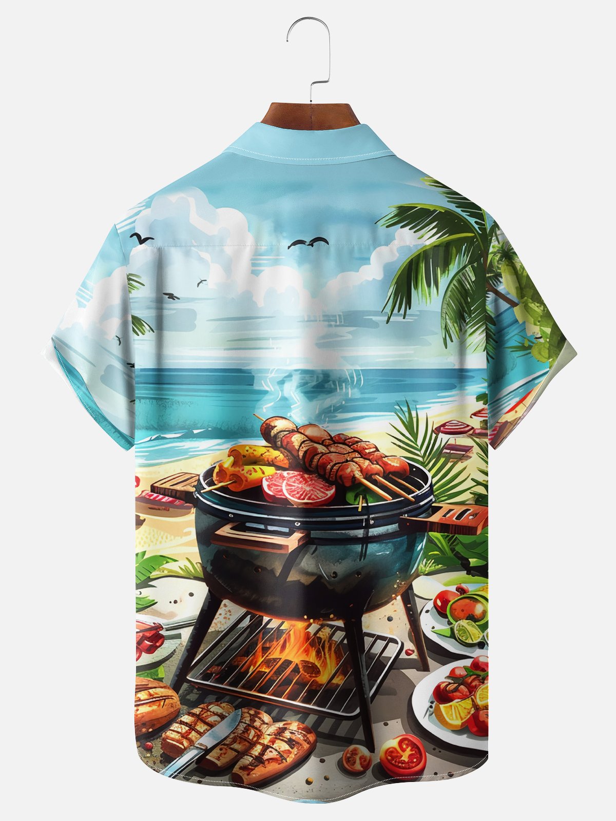 Moisture-wicking Barbecue Grill Beach Coconut Trees Chest Pocket Casual Shirt