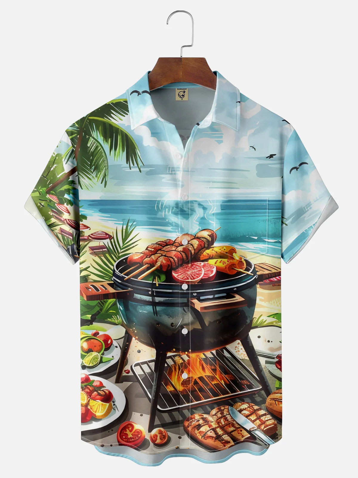 Moisture-wicking Barbecue Grill Beach Coconut Trees Chest Pocket Casual Shirt