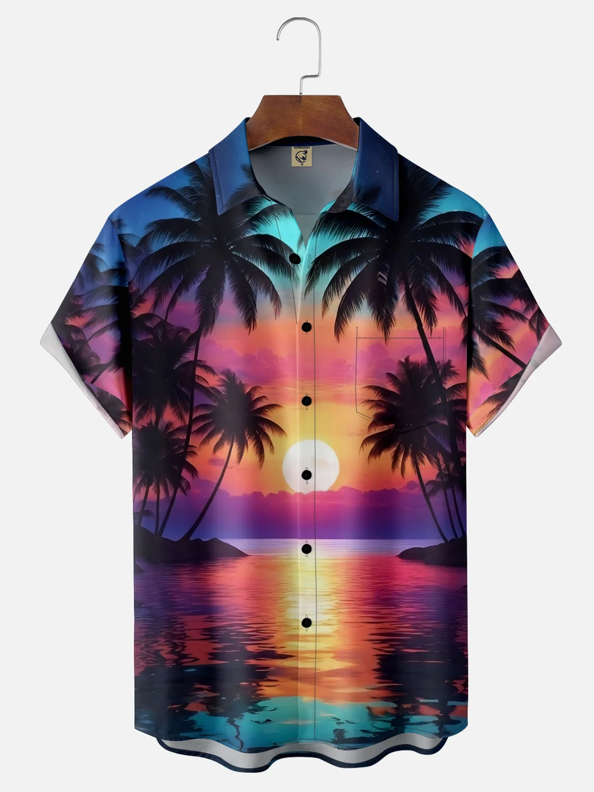 Moisture-wicking Beach Coconut Trees Sunset Gradient Chest Pocket Hawaiian Shirt