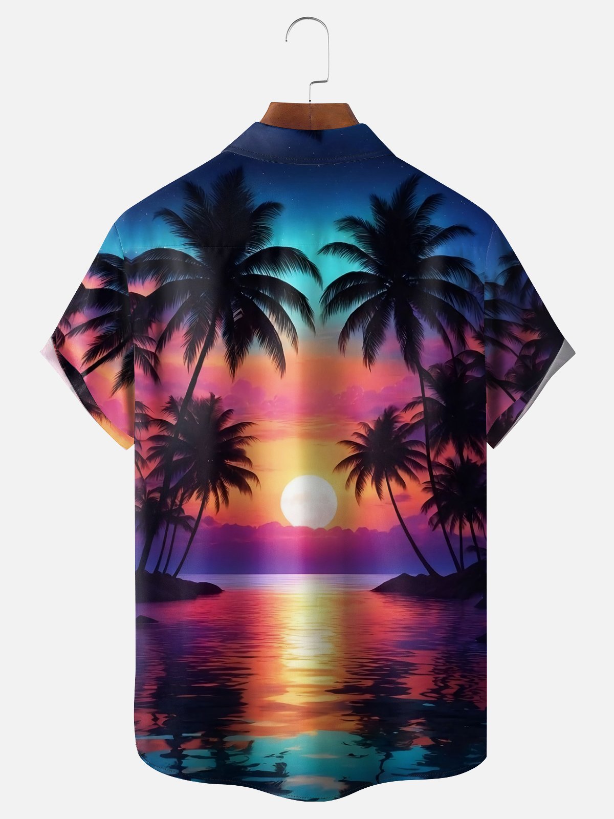 Moisture-wicking Beach Coconut Trees Sunset Gradient Chest Pocket Hawaiian Shirt