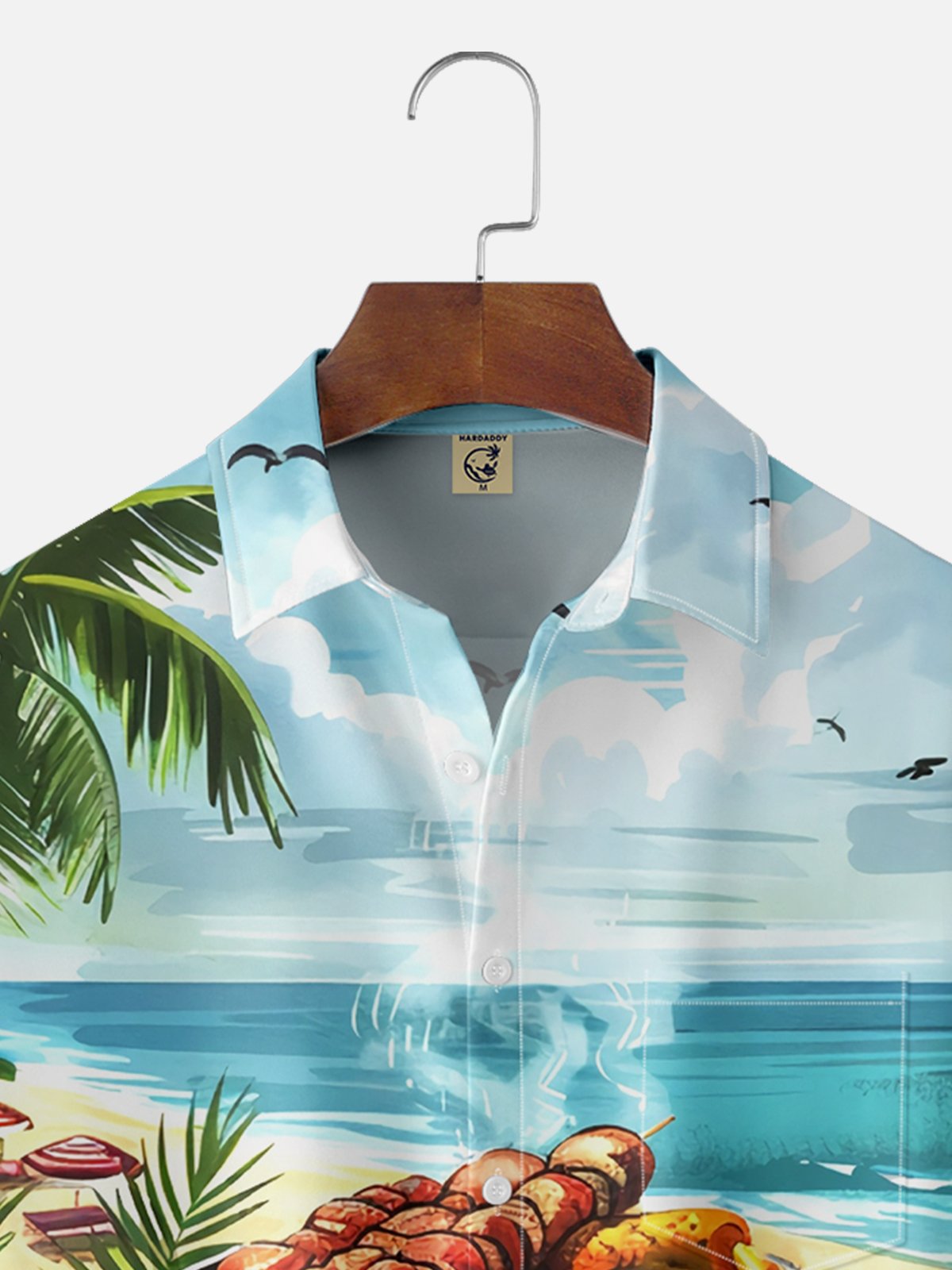 Moisture-wicking Barbecue Grill Beach Coconut Trees Chest Pocket Casual Shirt