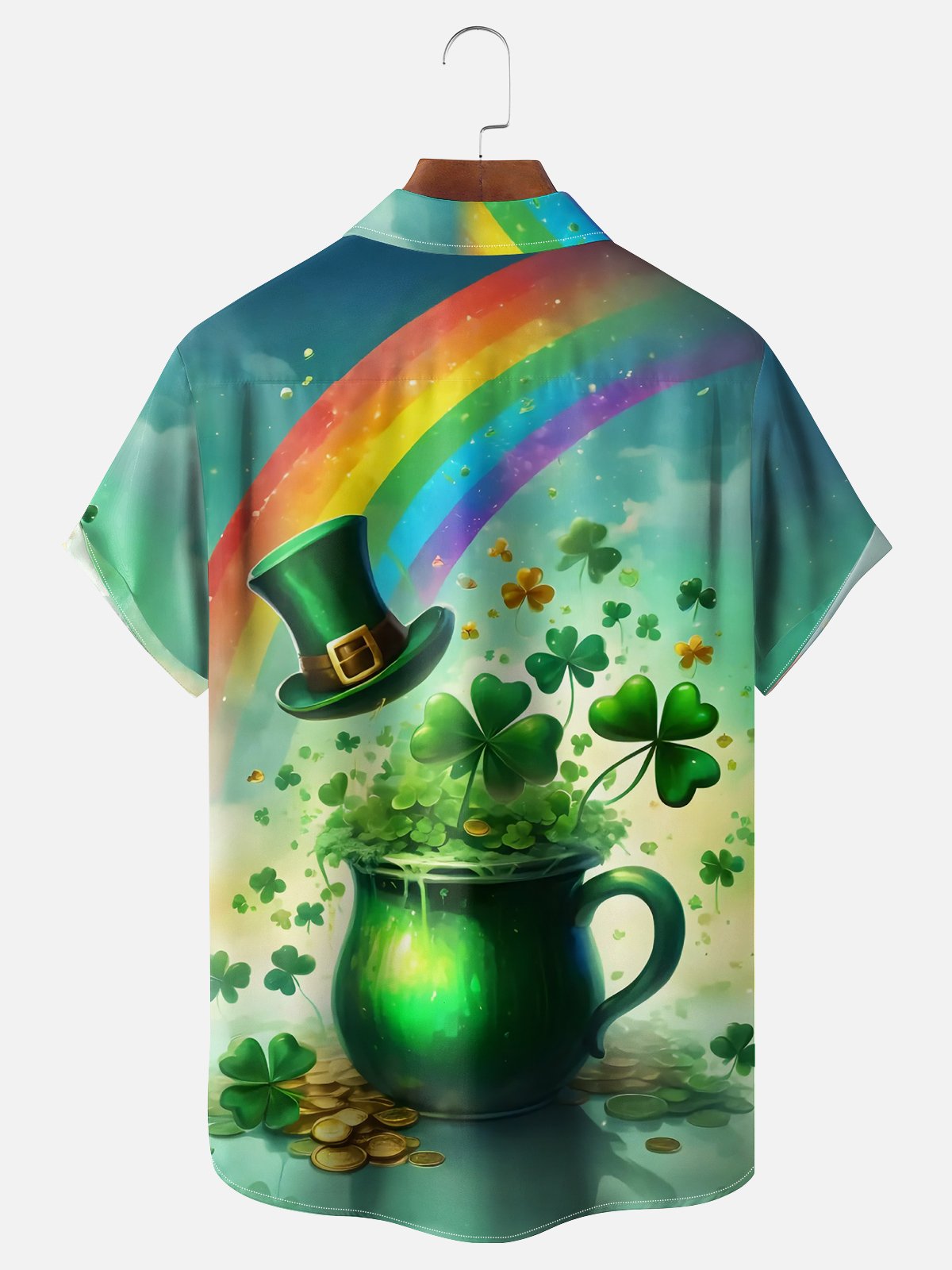 Moisture-wicking St. Patrick's Day Shamrock Rainbow Chest Pocket Casual Shirt