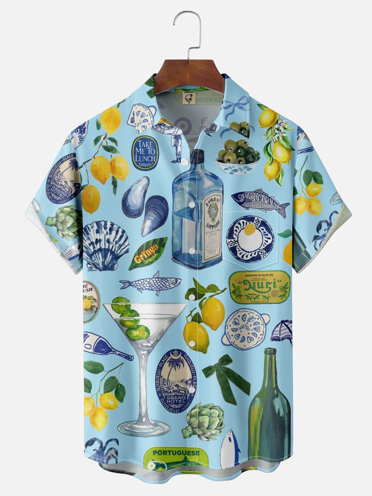 Moisture-wicking Cocktail Ocean Art Fruit Blue Chest Pocket Hawaiian Shirt