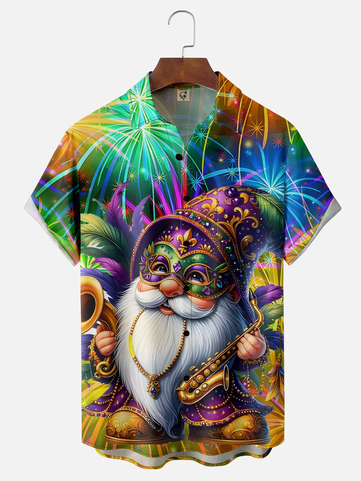 Moisture-wicking Mardi Gras Happy Fireworks Chest Pocket Hawaiian Shirt