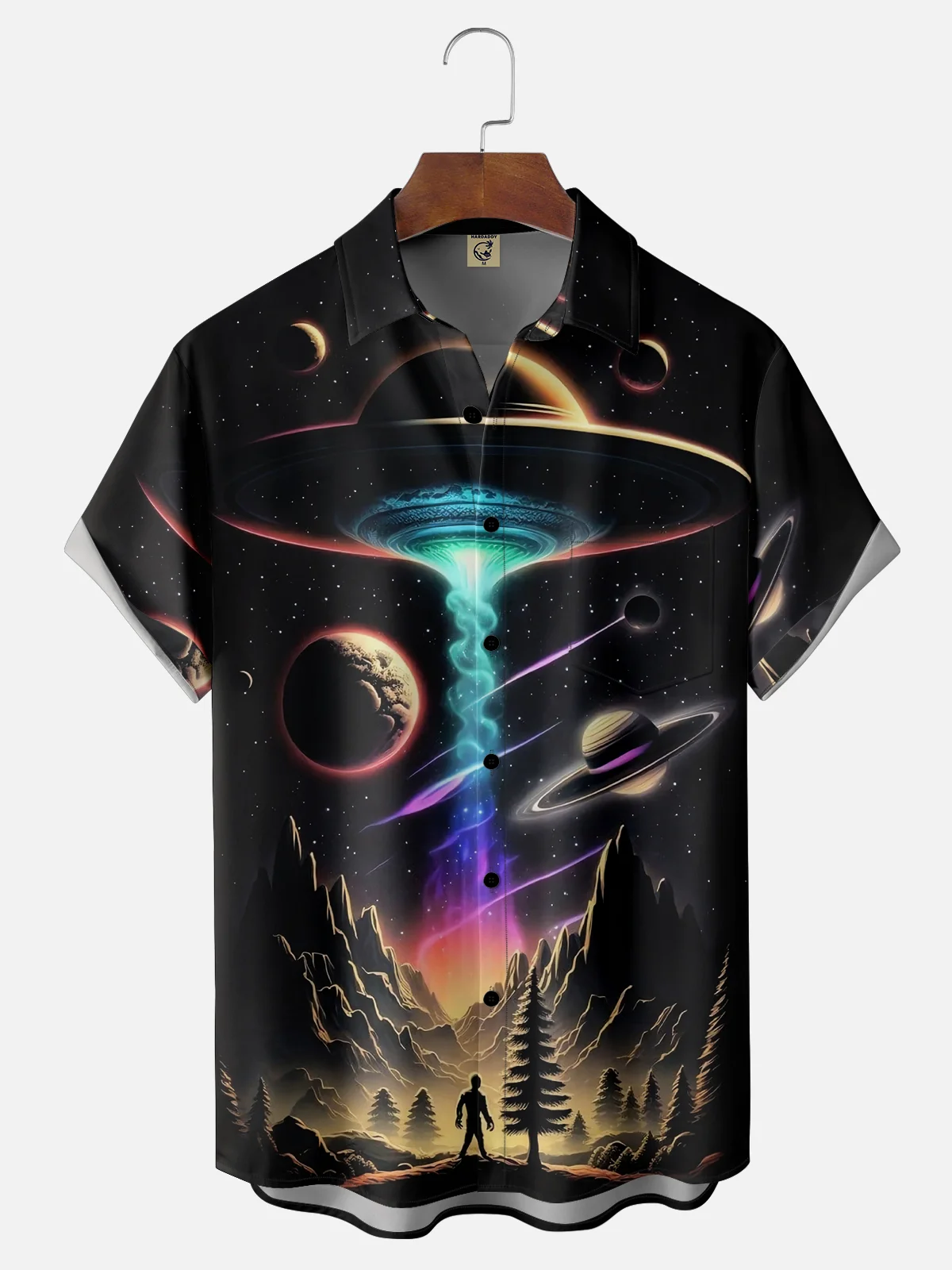 Moisture-wicking UFO Plane Alien Spaceship Chest Pocket Casual Shirt