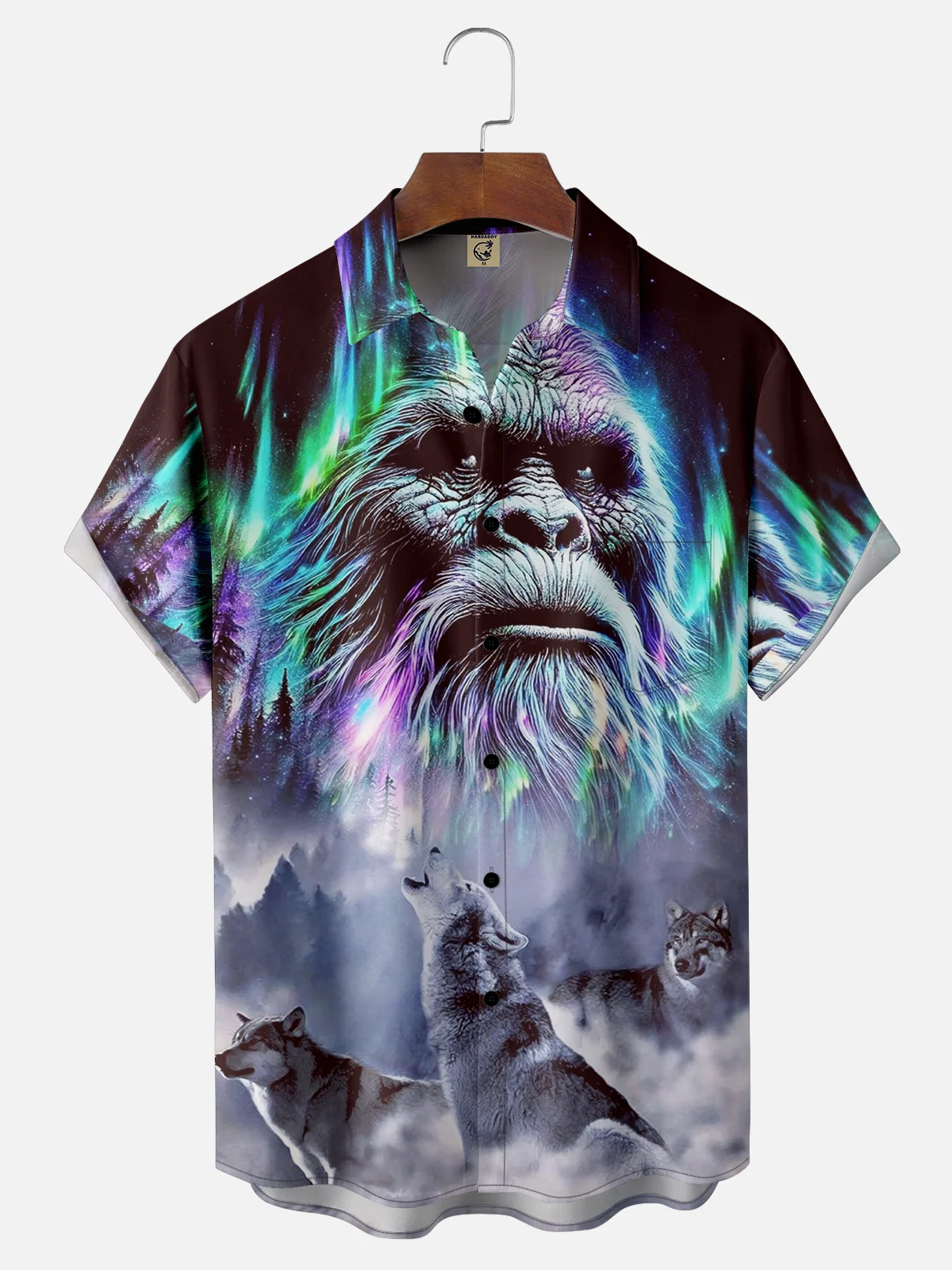 Moisture-wicking Bigfoot and Wolf Chest Pocket Hawaiian Shirt