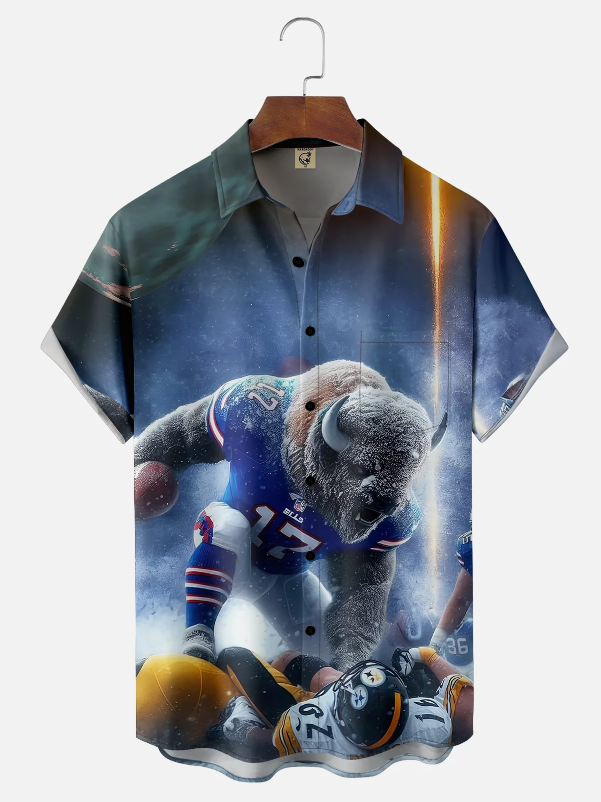 Moisture-wicking American Football New York State Bull Art Chest Pocket Hawaiian Shirt