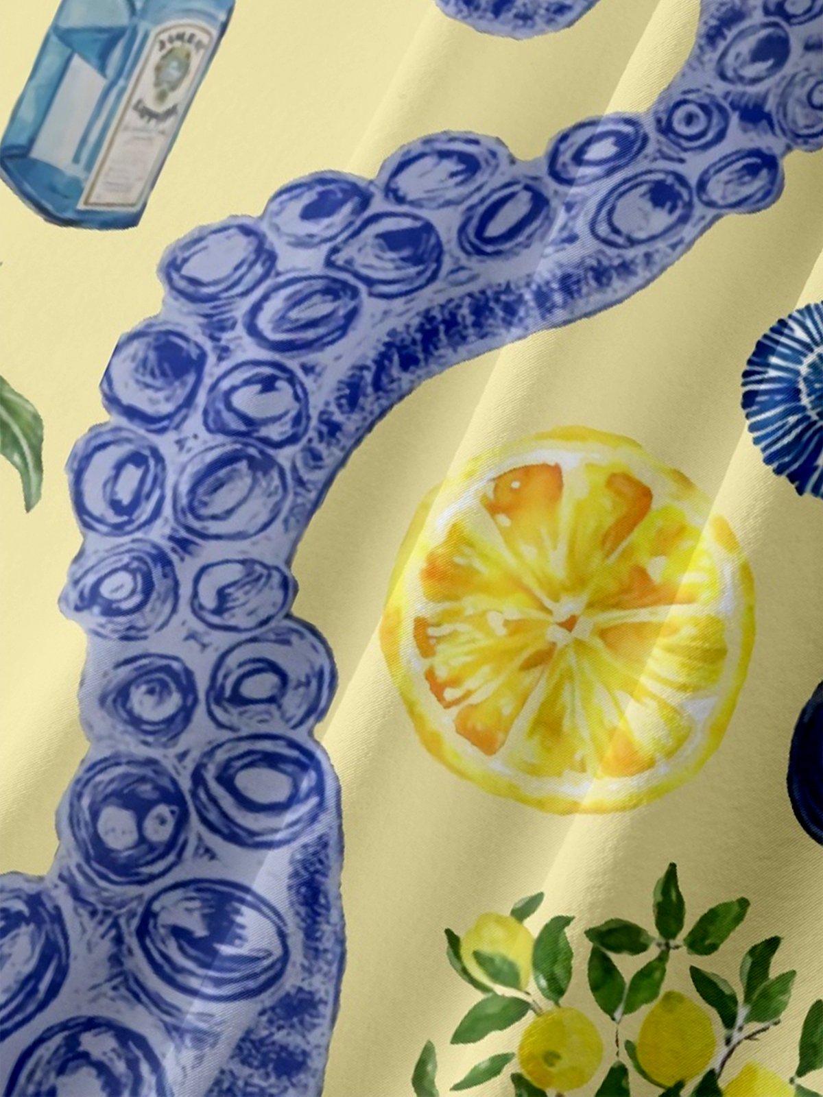 Moisture-wicking Ocean Art Cocktail Yellow Chest Pocket Hawaiian Shirt