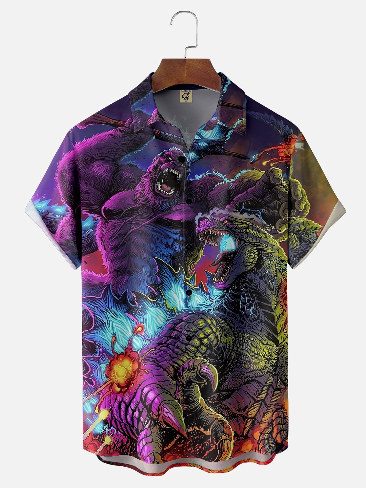 Moisture-wicking Gorilla vs. Godzilla Chest Pocket Hawaiian Shirt