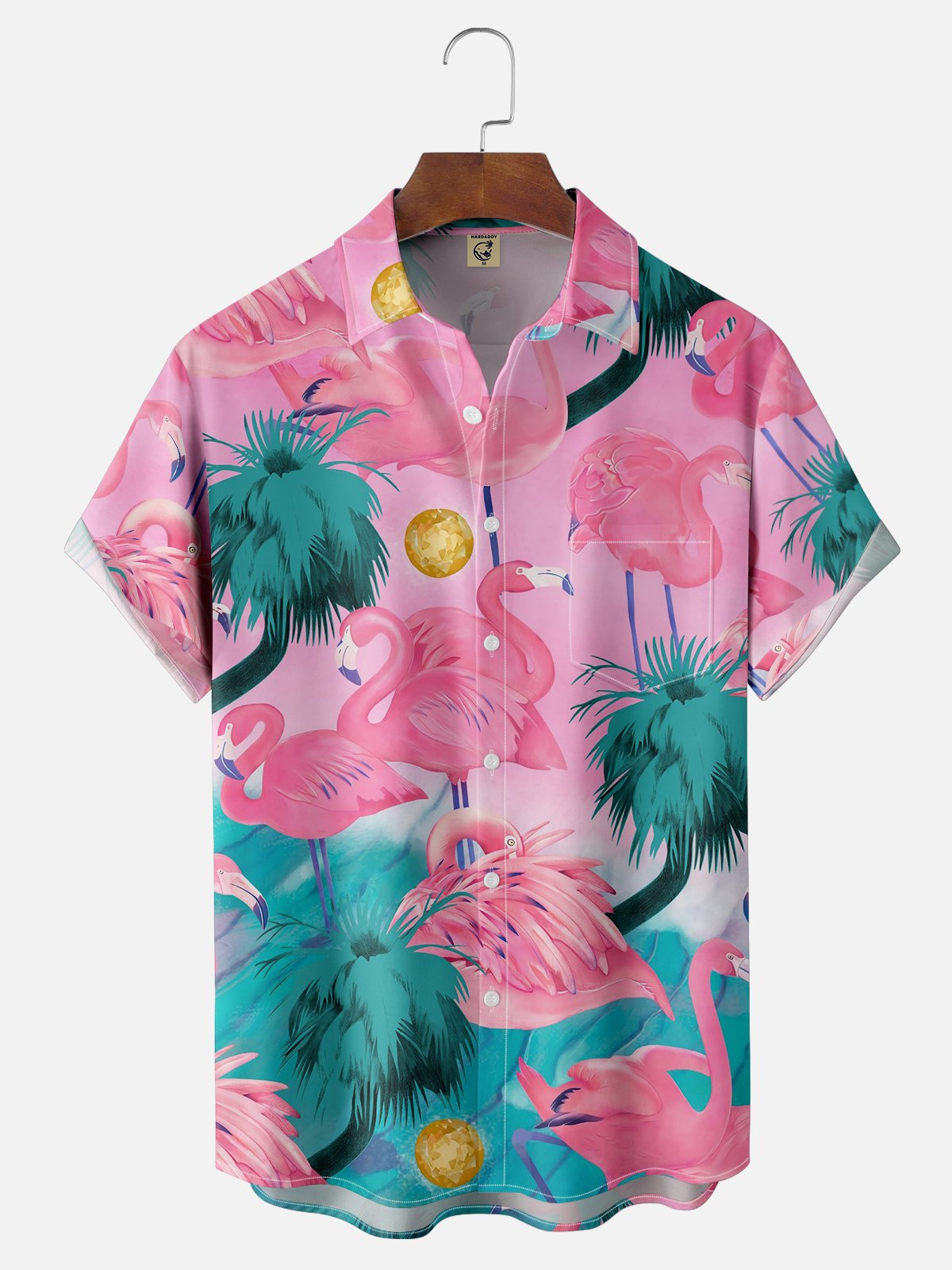 Moisture-wicking Flamingo Coconut Tree Chest Pocket Hawaiian Shirt