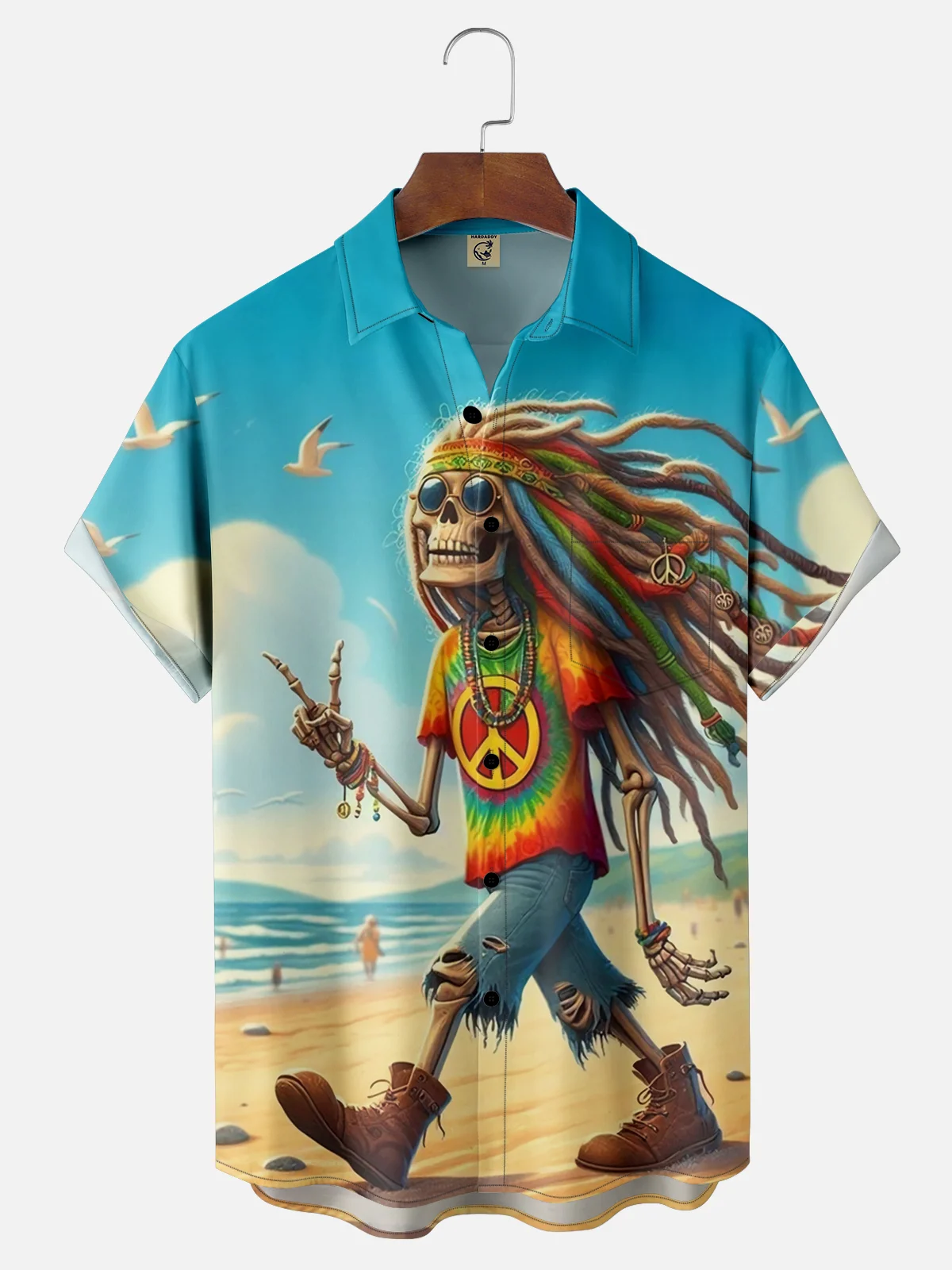 Moisture-wicking Skull Hippie Love and Peace Art Chest Pocket Casual Shirt