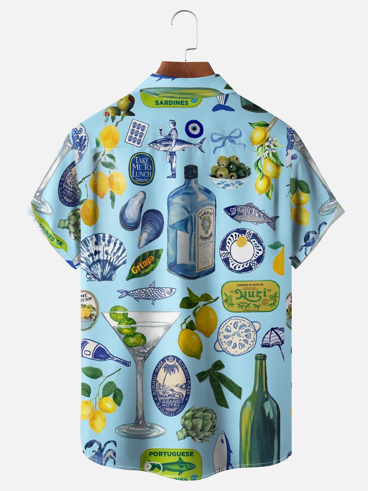 Moisture-wicking Cocktail Ocean Art Fruit Blue Chest Pocket Hawaiian Shirt