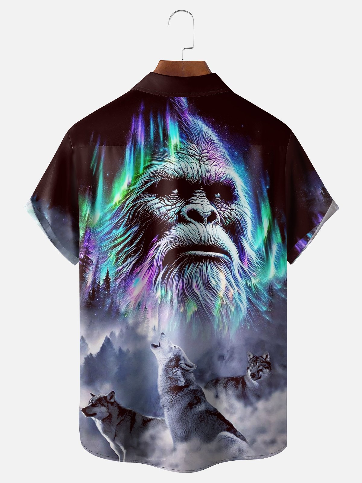 Moisture-wicking Bigfoot and Wolf Chest Pocket Hawaiian Shirt