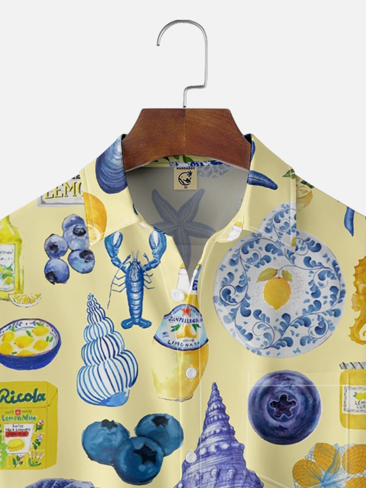 Moisture-wicking Ocean Art Cocktail Yellow Chest Pocket Hawaiian Shirt