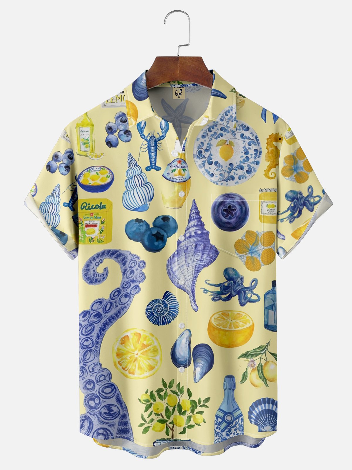 Moisture-wicking Ocean Art Cocktail Yellow Chest Pocket Hawaiian Shirt