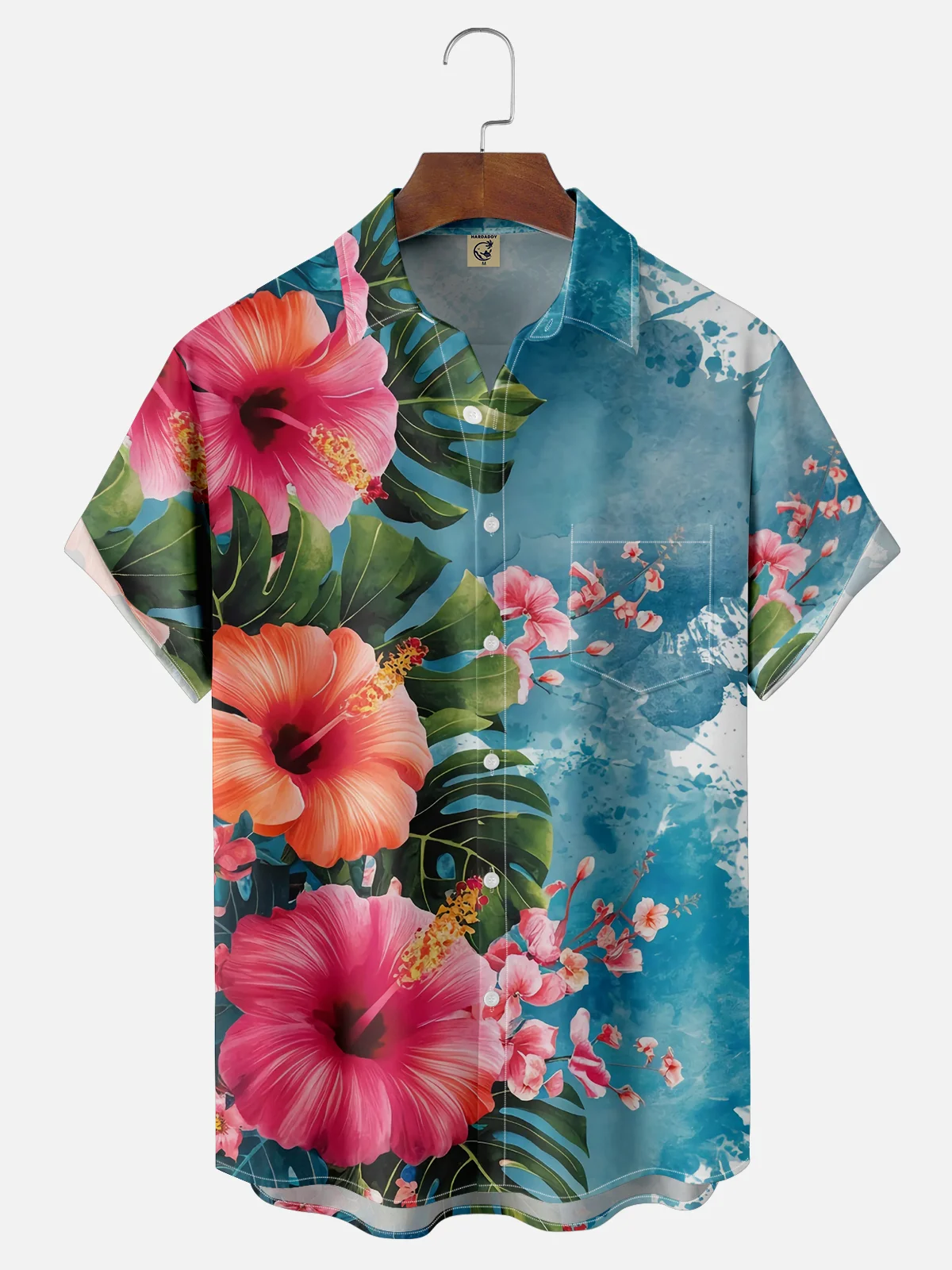 Moisture-wicking Hibiscus Floral Chest Pocket Hawaiian Shirt