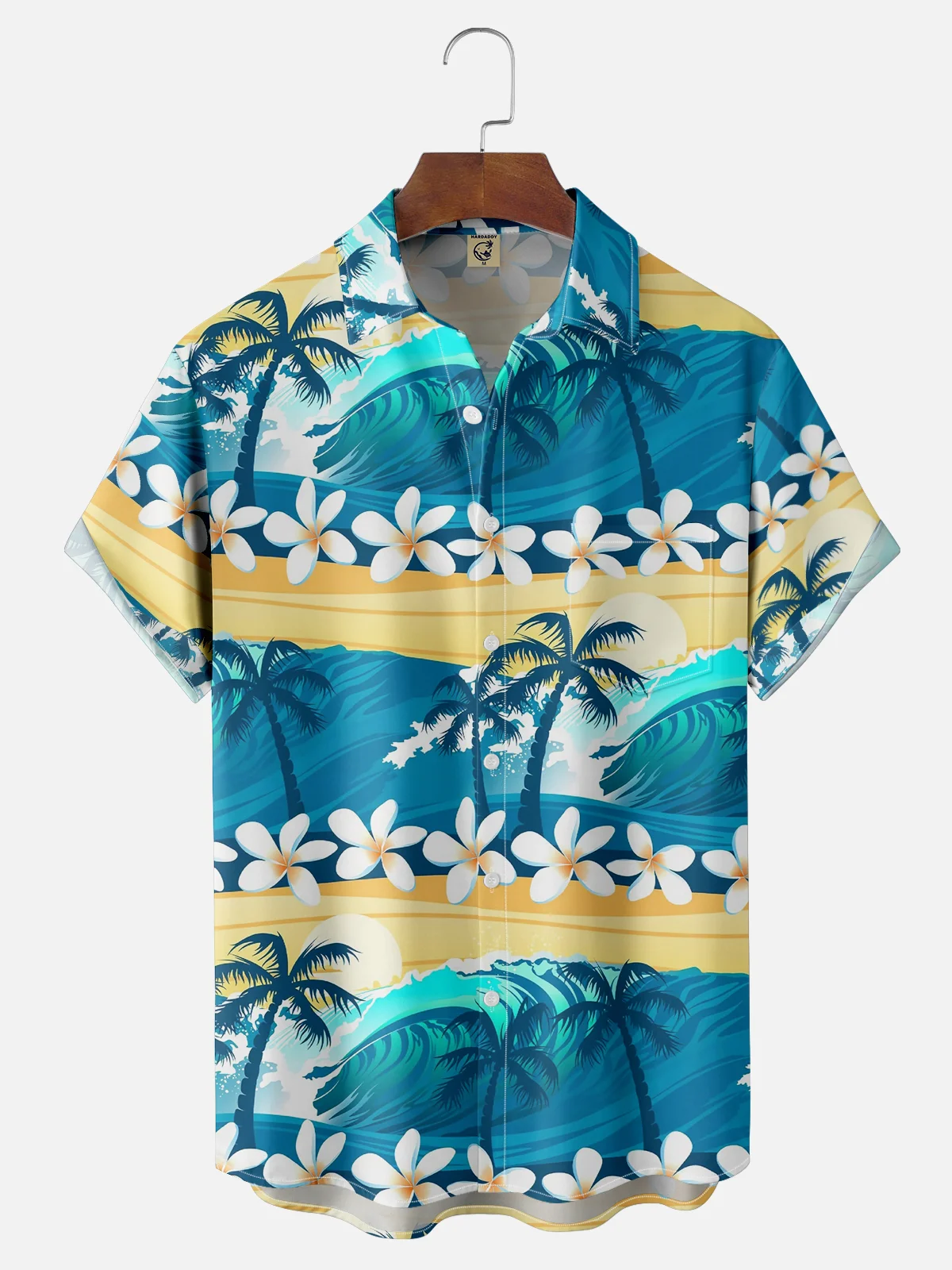 Moisture-wicking Coconut Tree Sea Wave Flowers Chest Pocket Hawaiian Shirt