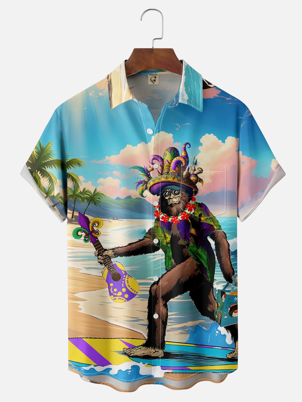 Moisture-wicking Mardi Gras Bigfoot Beach Surfing Chest Pocket Hawaiian Shirt