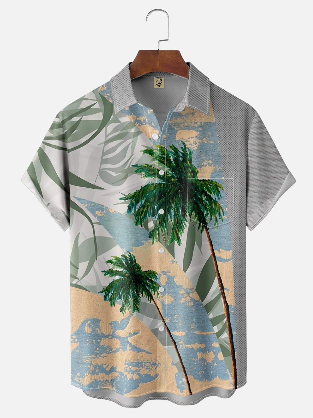 Moisture-wicking Coconut Tree Patchwork Art Chest Pocket Hawaiian Shirt