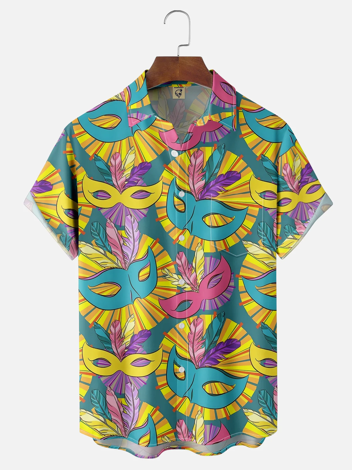 Moisture-wicking Mardi Gras Art Mask Print Chest Pocket Hawaiian Shirt