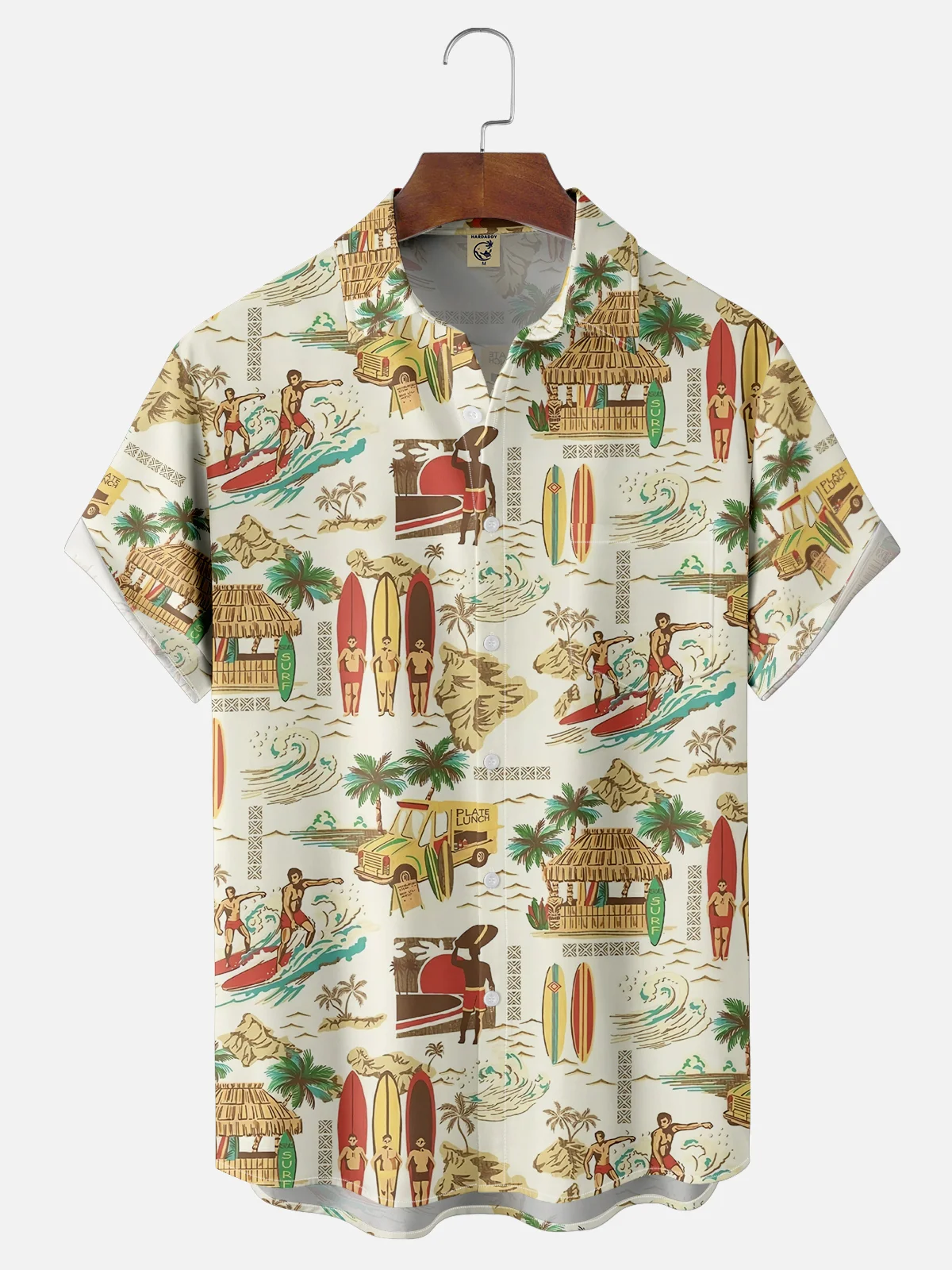 Moisture-wicking Vintage Art Surf Art Chest Pocket Hawaiian Shirt