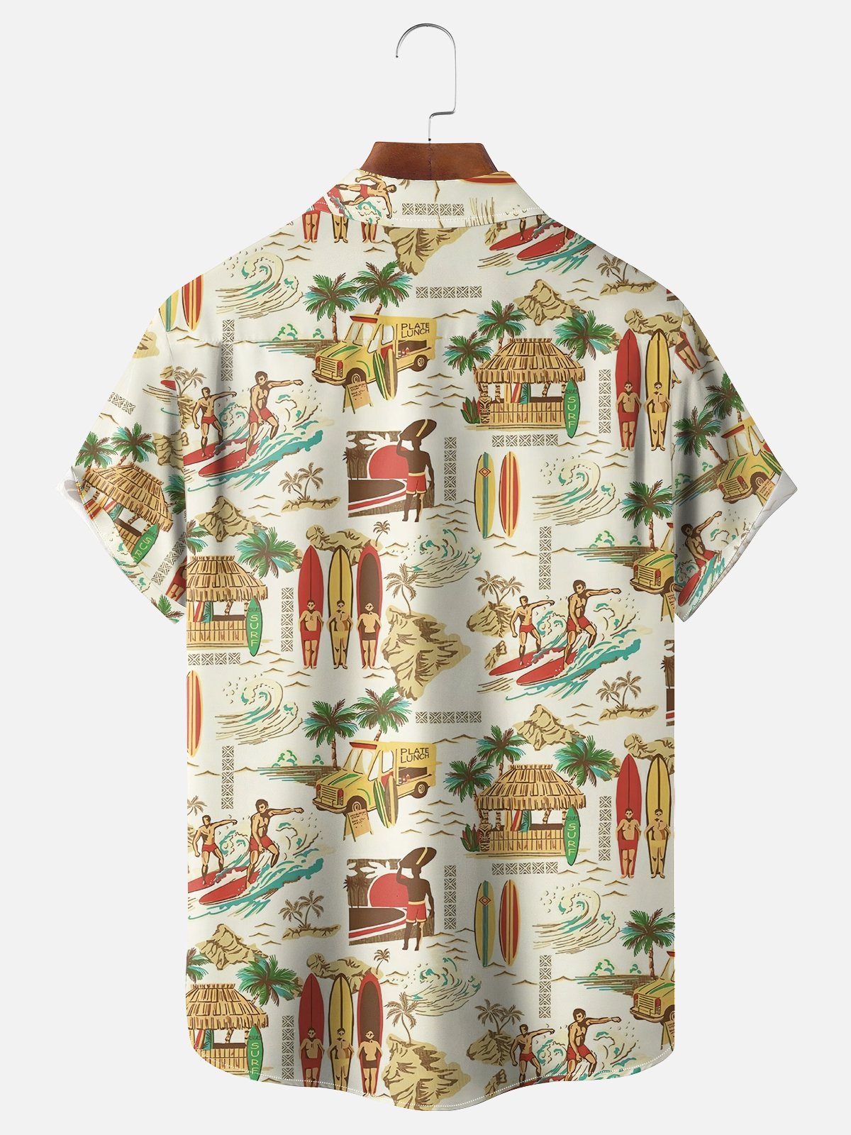 Moisture-wicking Vintage Art Surf Art Chest Pocket Hawaiian Shirt