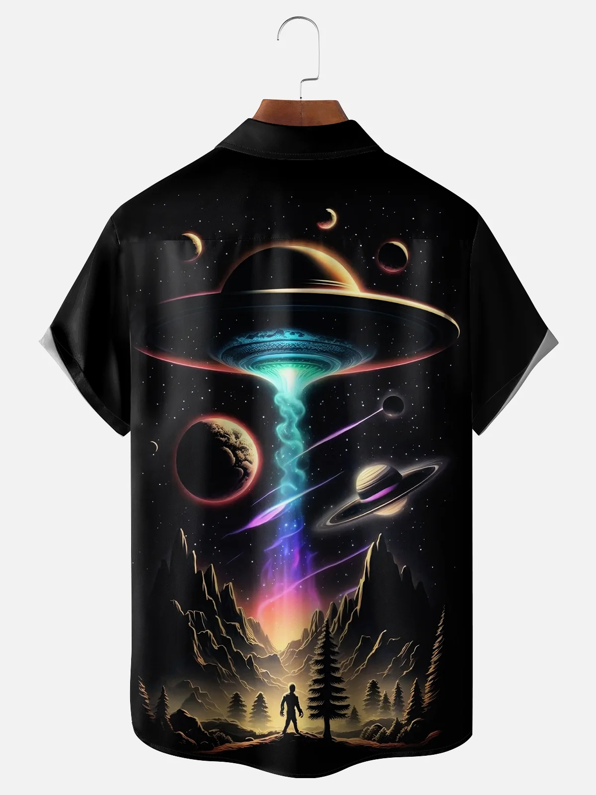 Moisture-wicking UFO Plane Alien Spaceship Chest Pocket Casual Shirt