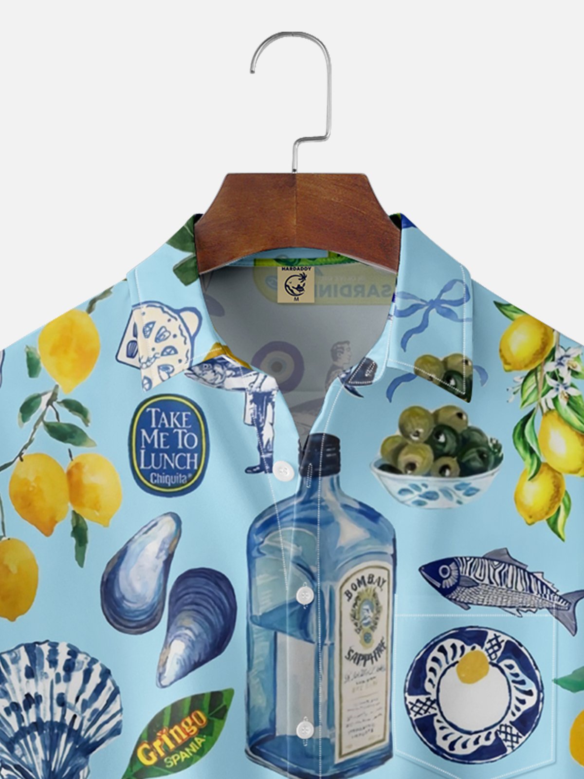 Moisture-wicking Cocktail Ocean Art Fruit Blue Chest Pocket Hawaiian Shirt