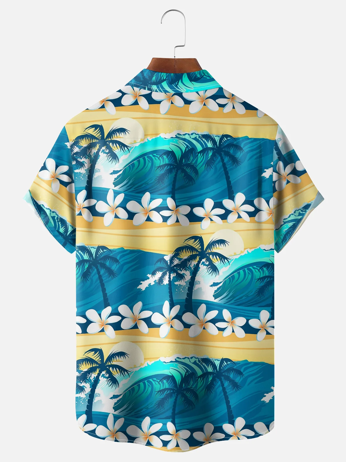 Moisture-wicking Coconut Tree Sea Wave Flowers Chest Pocket Hawaiian Shirt