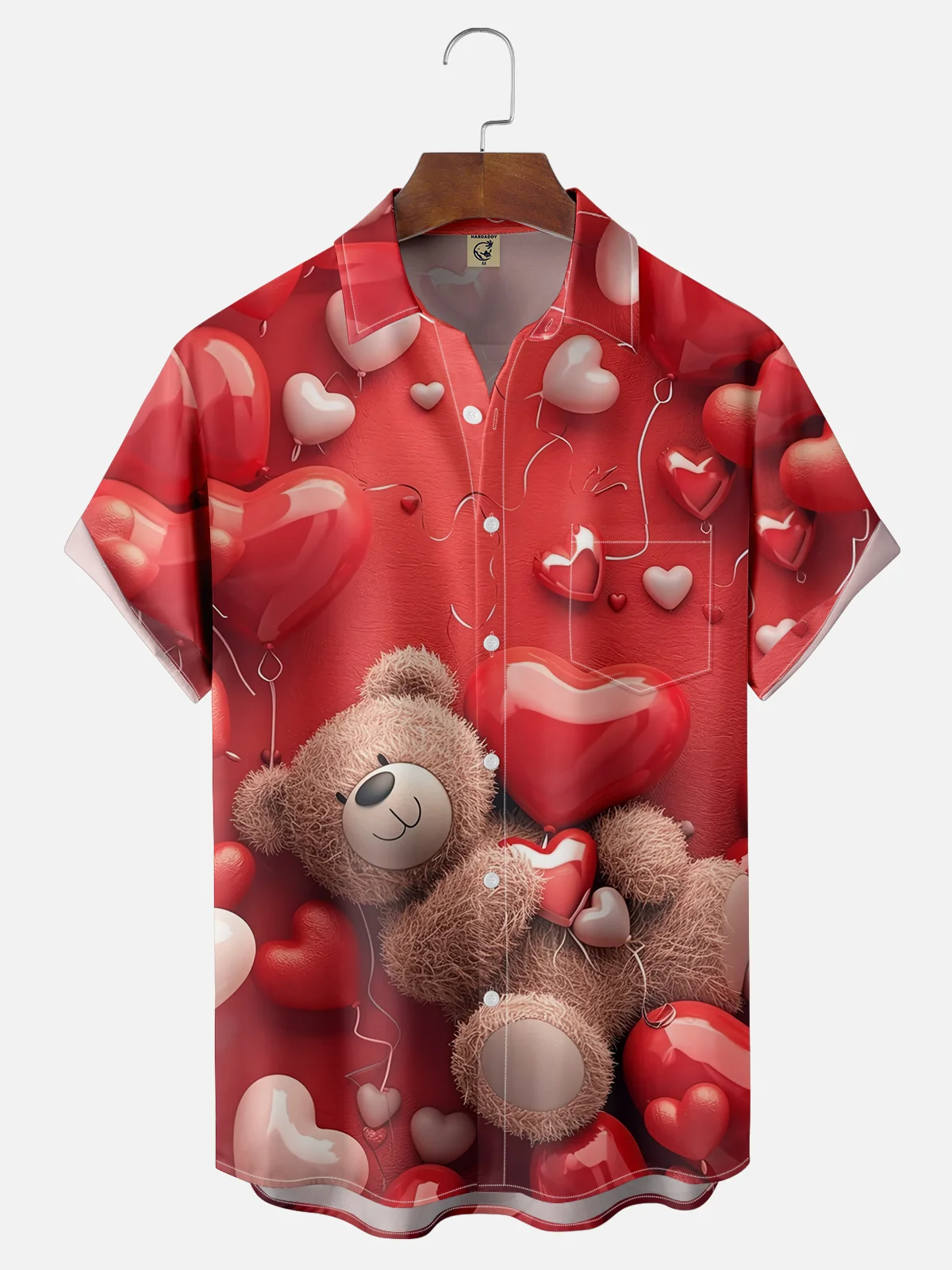 Moisture-wicking Valentine's Day Bear Heart Red Chest Pocket Hawaiian Shirt