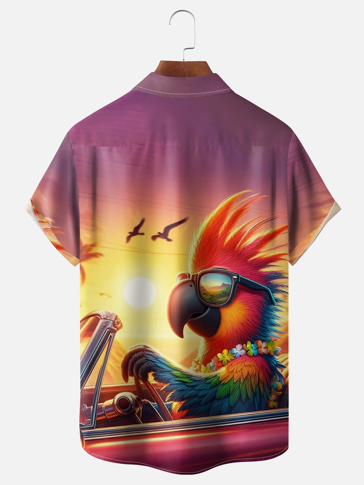 Moisture Wicking Hawaiian Car Vacation Parrot Chest Pocket Casual Shirt