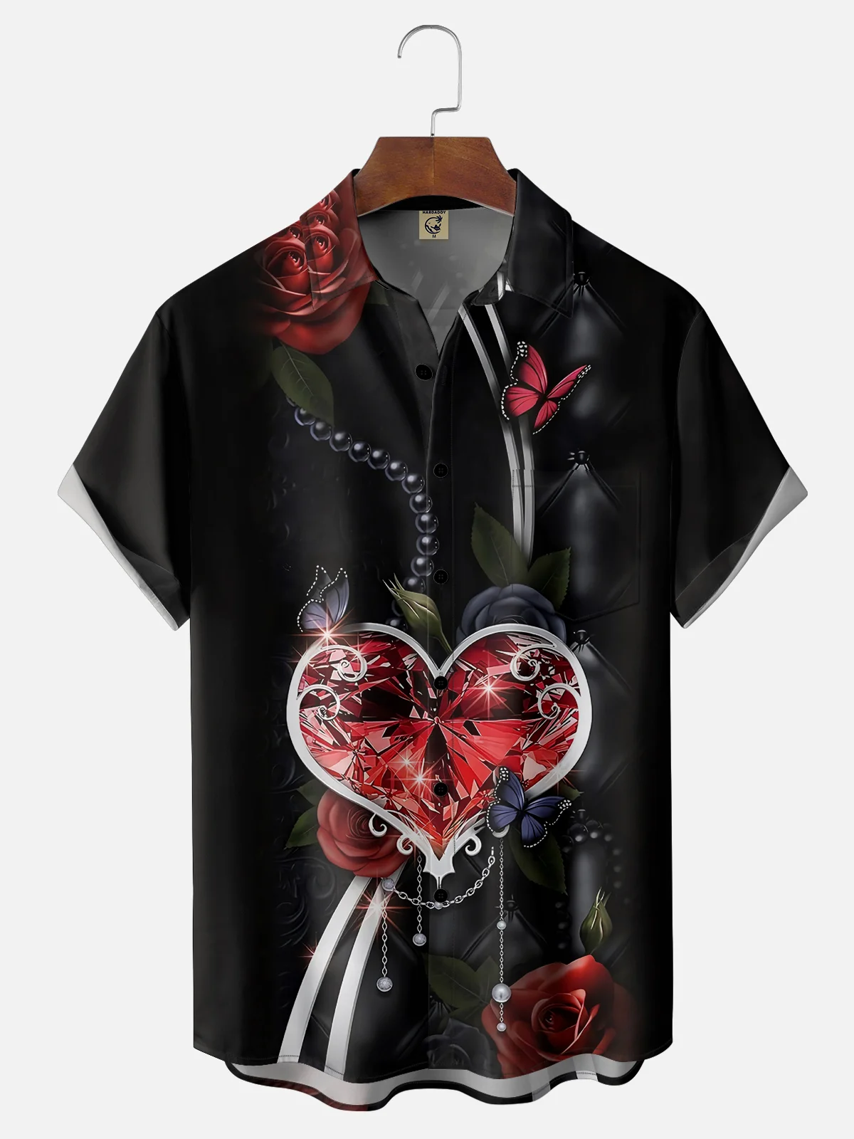 Moisture-wicking Valentine's Day Gem Heart Chest Pocket Hawaiian Shirt