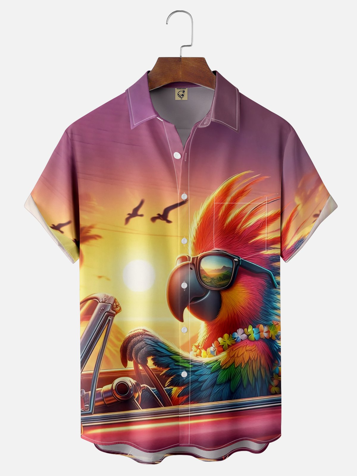 Moisture Wicking Hawaiian Car Vacation Parrot Chest Pocket Casual Shirt