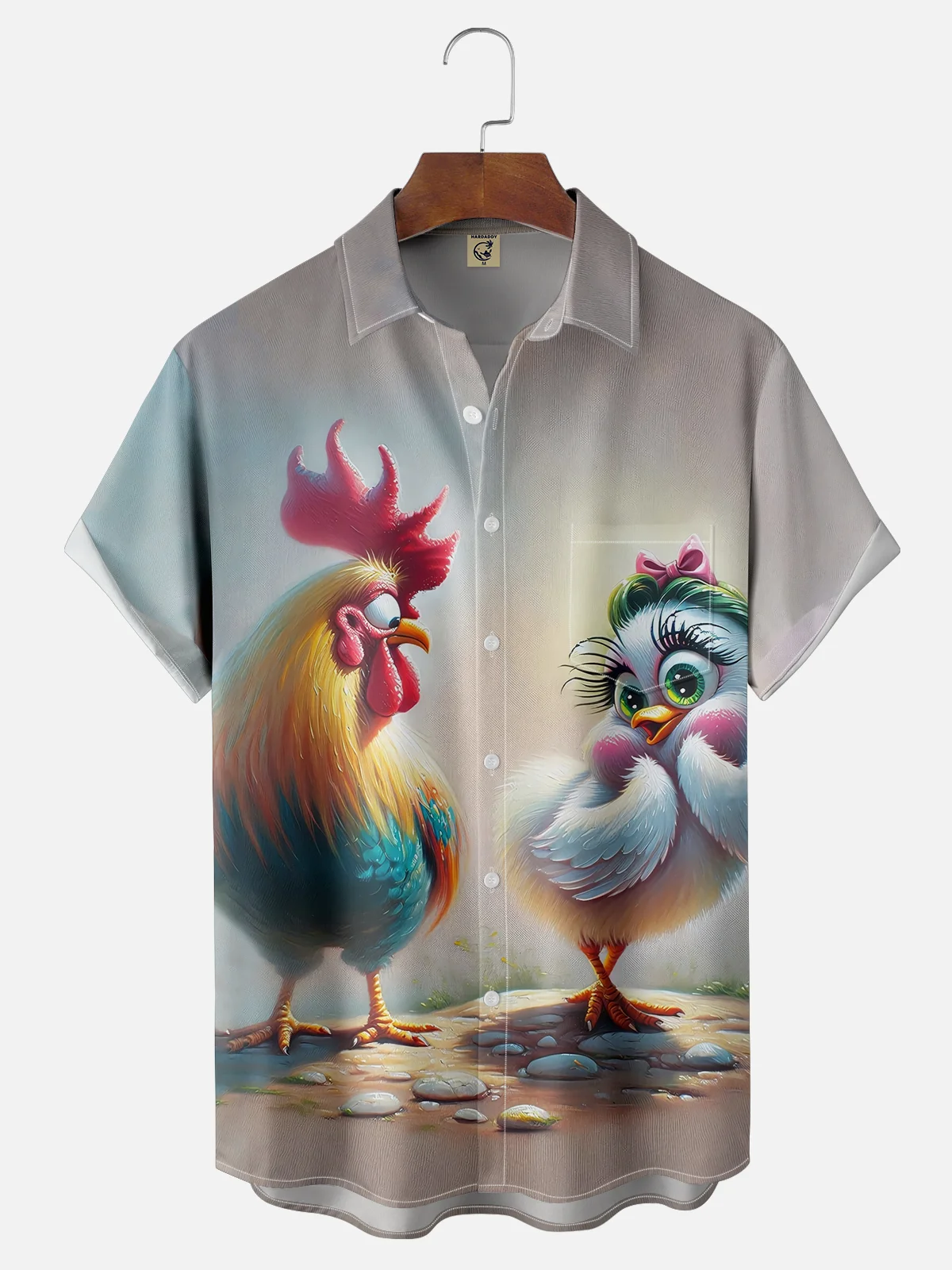 Moisture-wicking Rooster Art Painting Chest Pocket Hawaiian Shirt