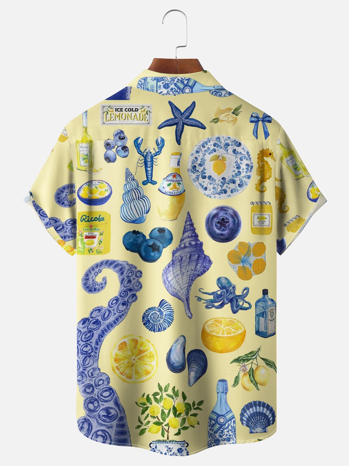 Moisture-wicking Ocean Art Cocktail Yellow Chest Pocket Hawaiian Shirt